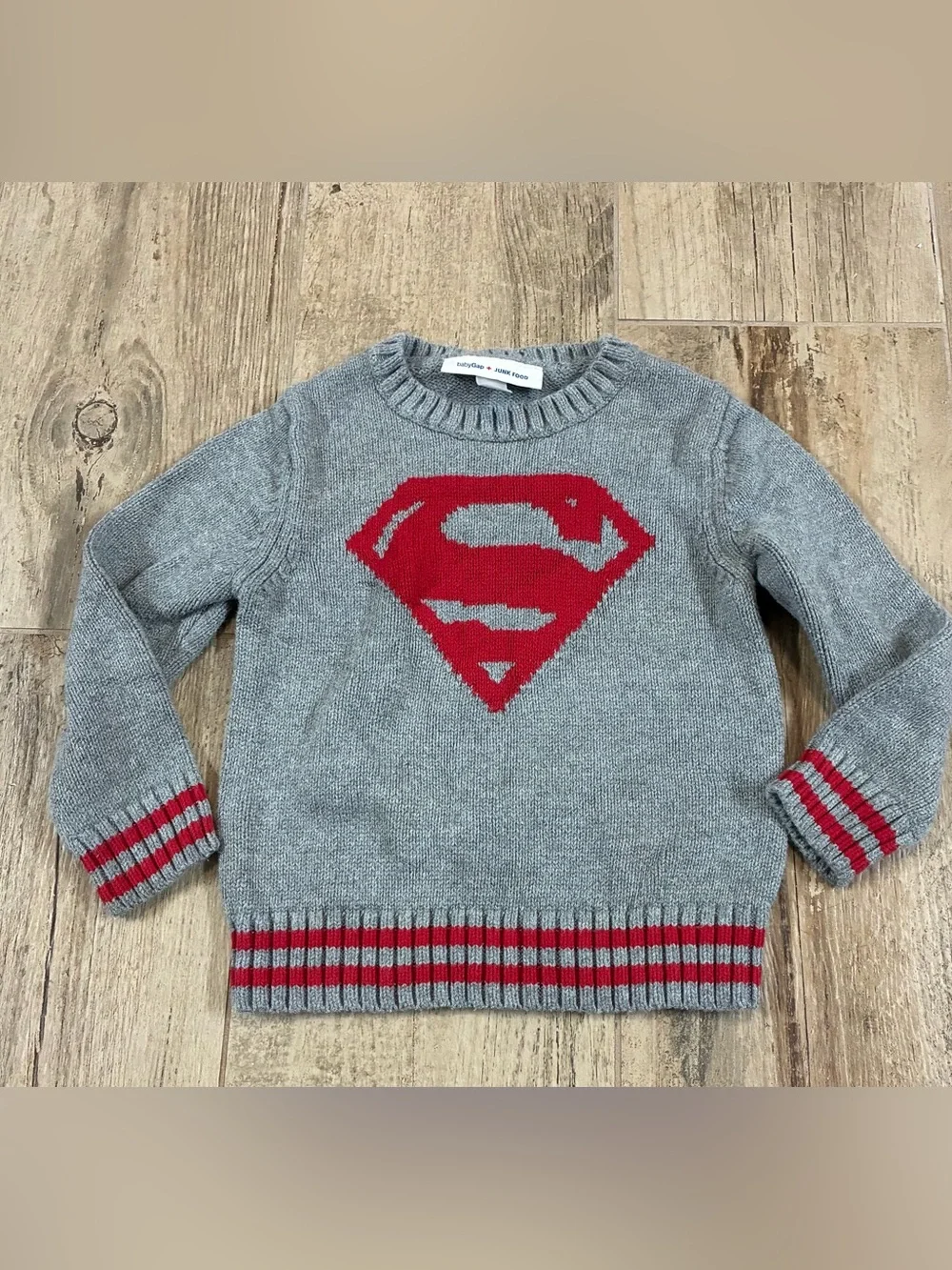 BabyGap x Junk Food Superman Gray Knit Sweater Boys 3T Red Logo DC Comics #1328